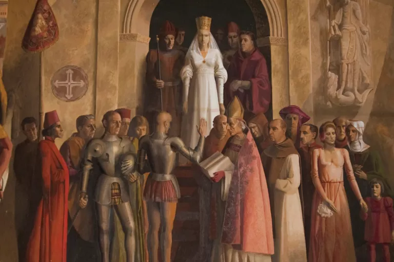Contemporary mural by Carlos Munos de Pablos depicting proclamation of Isabella as queen of Castile and Leon
