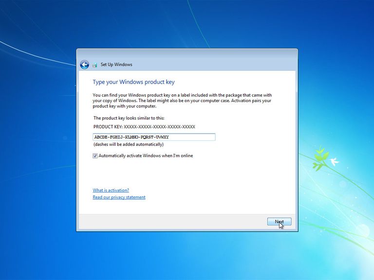 Screenshot of Windows 7 asking for the product key after setup