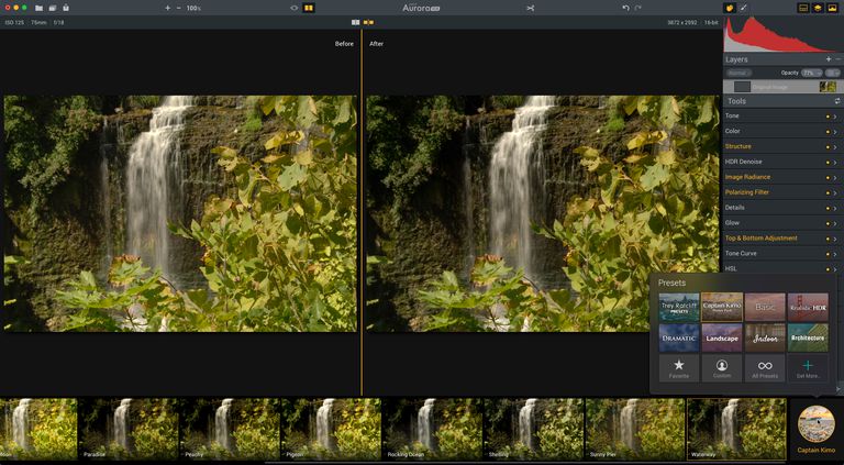 Image shows the Before and After split view and the Captain Kimo Waterway preset is selected.