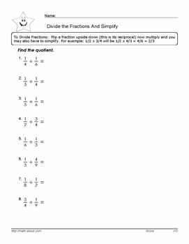 Fraction Worksheets and Printables for Dividing Fractions and Simplifying.