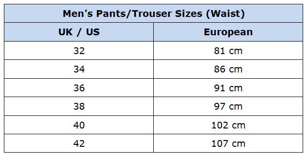 Waist size conversion european to american – Child size conversion