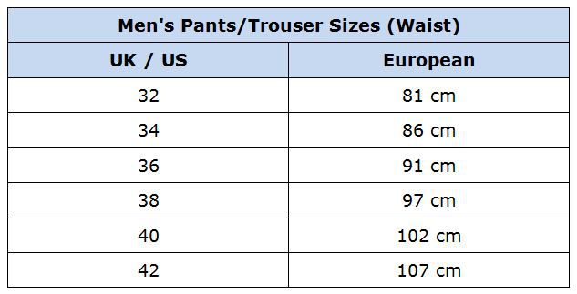 Men s Clothing Accessories Men s Pants Waist Size Chart