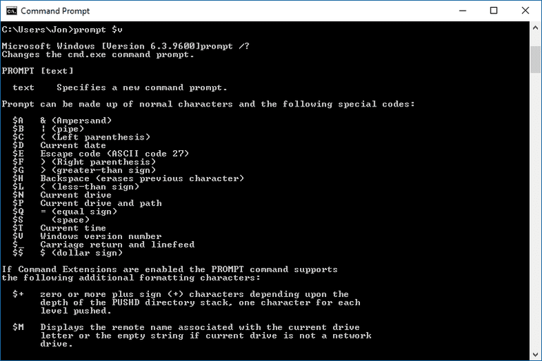 Screenshot of a changed prompt in Command Prompt