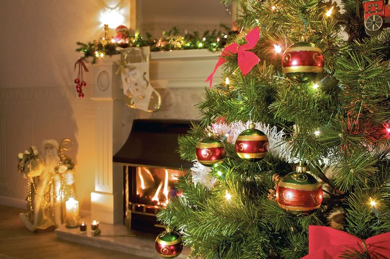 Christmas tree and fireplace decorations