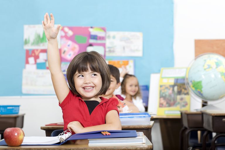 confident girl - young girl raising hand in classroom