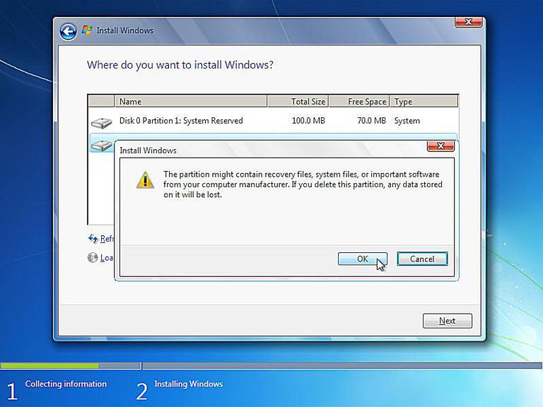 Screenshot of deleting a partition during the Windows 7 setup