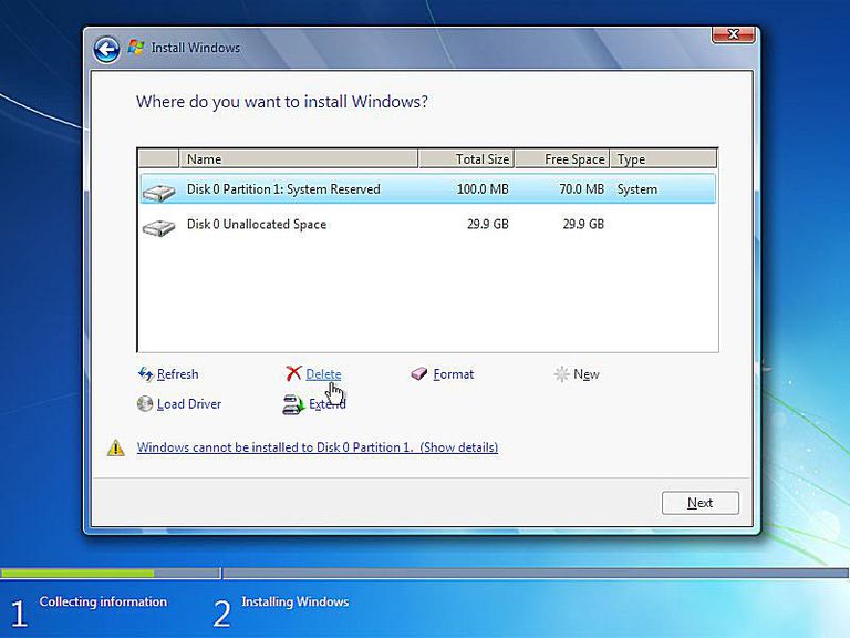 Screenshot of deleting partitions during Windows 7 setup