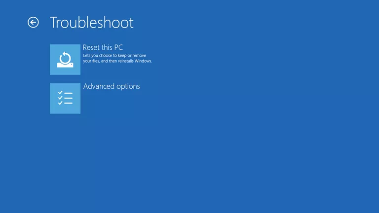 Screenshot of the Troubleshoot menu screen, part of the Advanced Startup Options in Windows 10