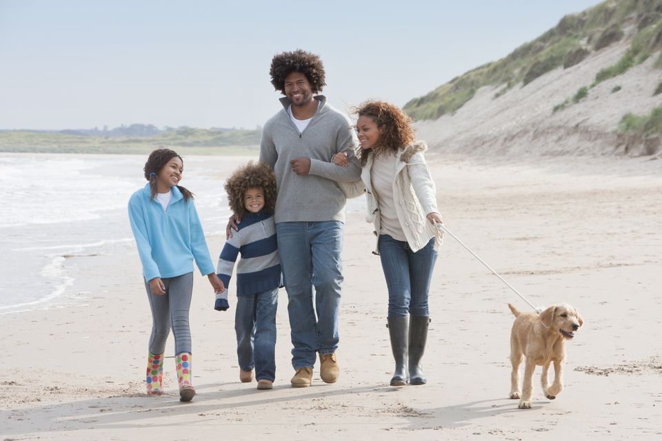 Family Walking Along Winter Beach