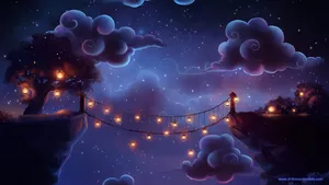 An illustrated wallpaper with a lighted bridge