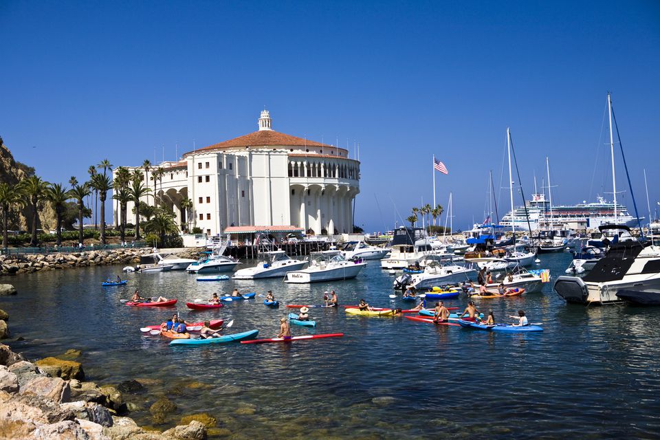 Avalon Casino with kayakers in foreground.