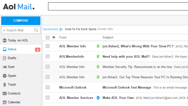 Screenshot of the AOL Mail inbox