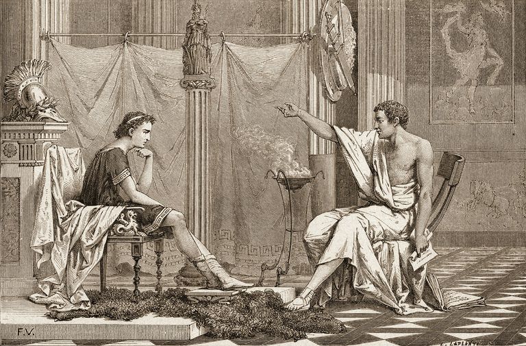 Grabado de Charles Laplante en el que Alejandro Magno escucha al filÃ³sofo griego ArquÃ­medes.