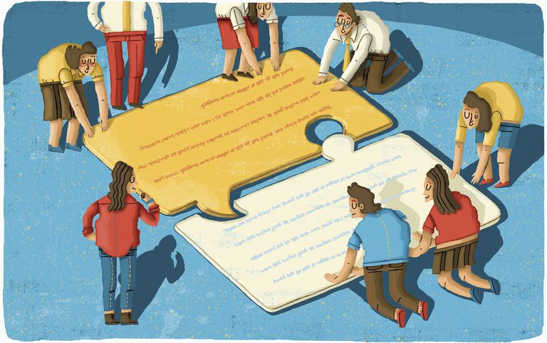 Business people connecting jigsaw puzzle piece speech bubbles