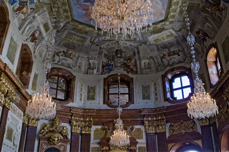 Ornate interior, including 4 chandeliers, of the Marble Hall at Upper Belvedere, Vienna, Austria