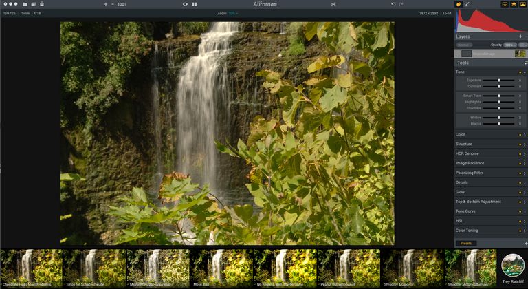 The Aurora HDR 2017 interface is shown as are the Trey Radcliff Presets