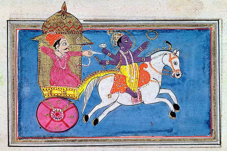 A depiction of Lord Krishna (right), an avatar of Vishnu