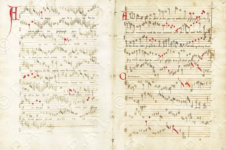 Handwritten score for "Ave Virgo", by Guillaume Dufay.