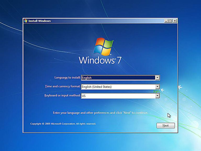 Screenshot of Windows 7 setup asking you to Choose Language and Other Preferences