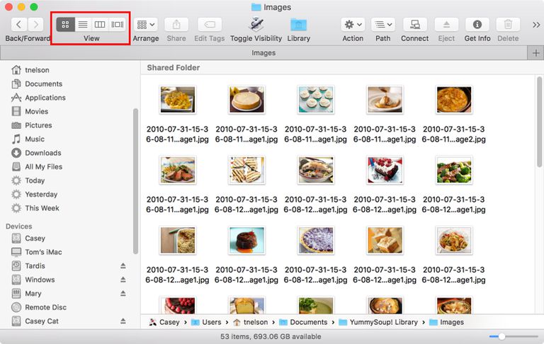 Finder views are selected by four buttons in the toolbar