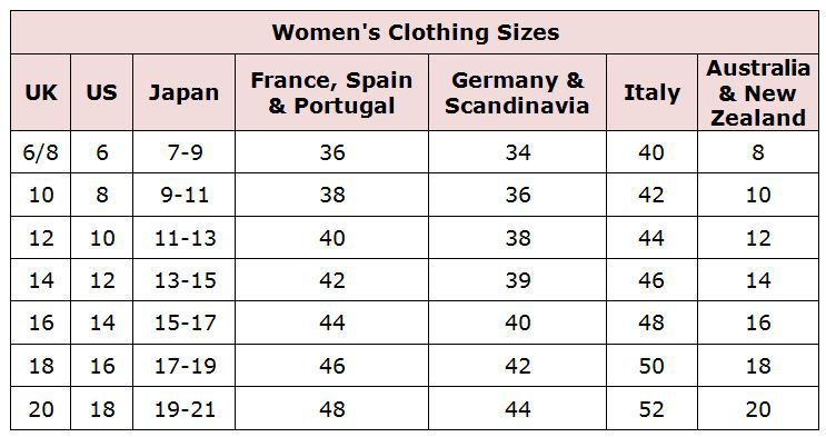 womens clothing size table