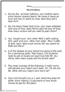 Free Math Word Problem Worksheets for FifthGraders