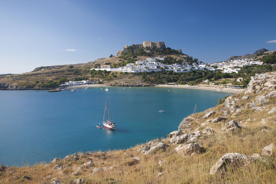View over Lindos Bay, Lindos, Rhodes, Greece
