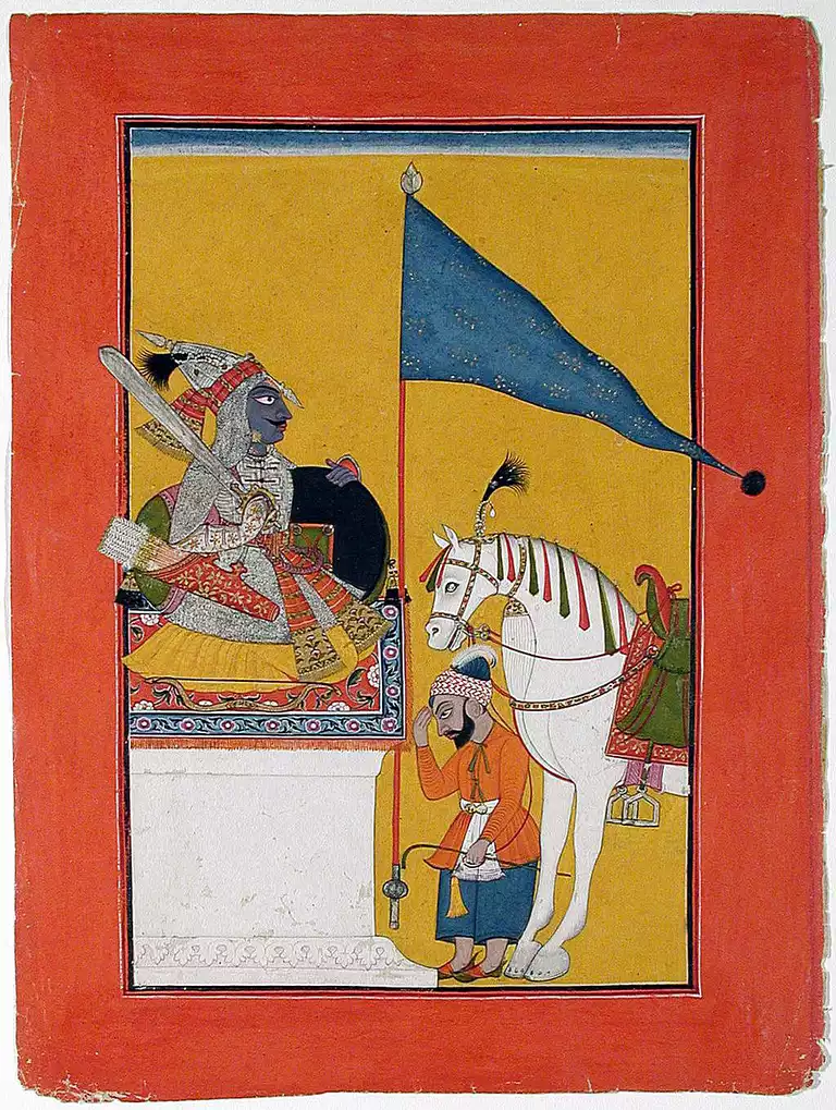 A depiction of Kalki (left), an avatar of Vishnu