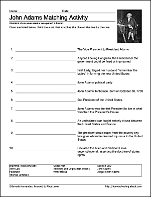 John Adams Wordsearch, Worksheets, Coloring Pages