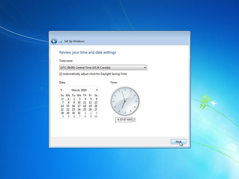 Screenshot of Windows 7 asking for the correct time zone, date, and time after setup